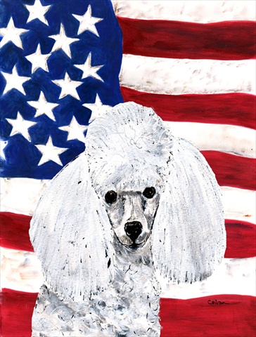 White Toy Poodle With American Flag USA Flag Canvas House Size