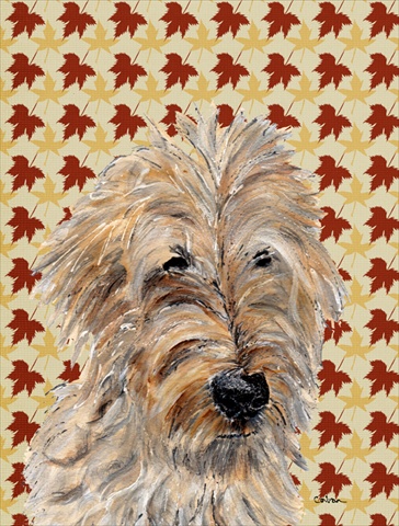 Picture of Carolines Treasures SC9691CHF Golden Doodle 2 Fall Leaves Flag Canvas House Size