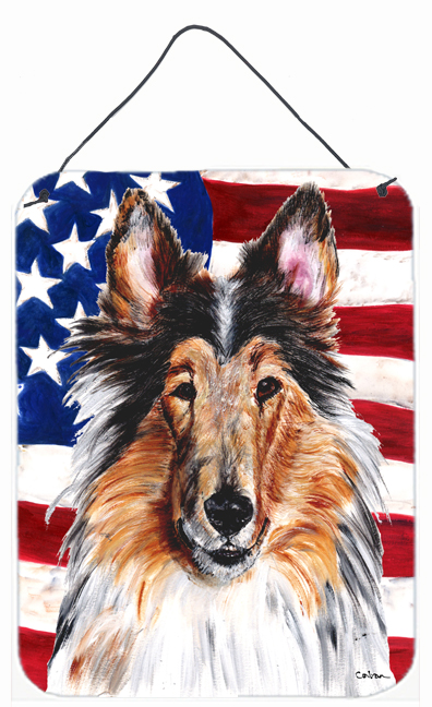 SC9622DS1216 Collie With American Flag USA Aluminum Metal Wall Or Door Hanging Prints