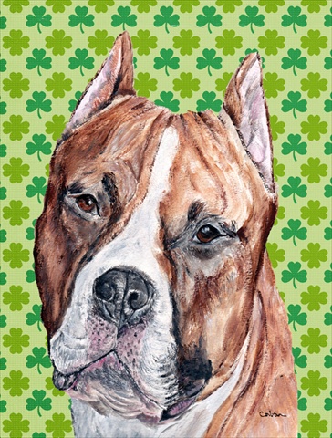 Picture of Carolines Treasures SC9728CHF Staffordshire Bull Terrier Staffie Lucky Shamrock St. Patricks Day Flag Canvas House Size