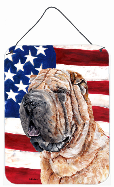 SC9623DS1216 Shar Pei With American Flag USA Aluminum Metal Wall Or Door Hanging Prints