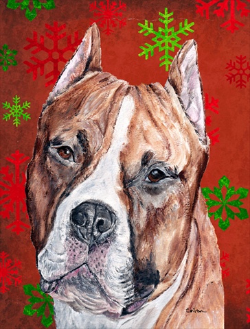 Picture of Carolines Treasures SC9752CHF Staffordshire Bull Terrier Staffie Red Snowflakes Holiday Flag Canvas House Size