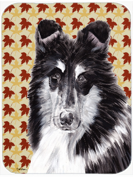 Black And White Collie Fall Leaves Glass Cutting Board - Large