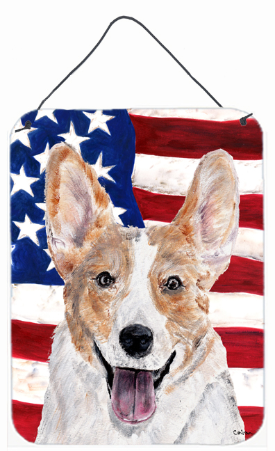 SC9624DS1216 Cardigan Corgi With American Flag USA Aluminum Metal Wall Or Door Hanging Prints