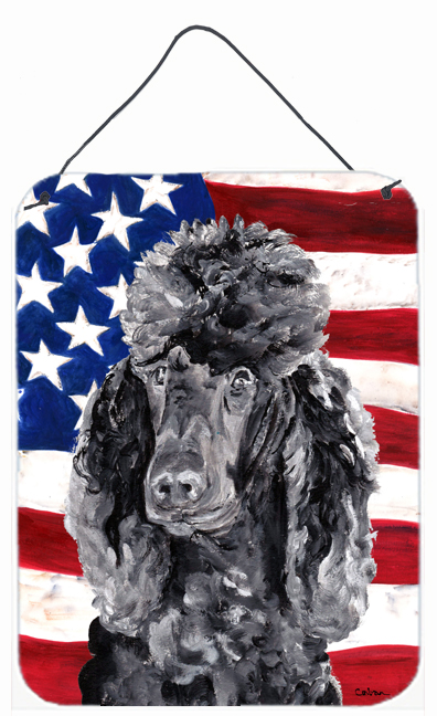 SC9626DS1216 Black Standard Poodle With American Flag USA Aluminum Metal Wall Or Door Hanging Prints