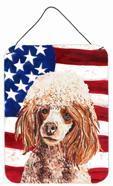 SC9627DS1216 Red Miniature Poodle With American Flag USA Aluminum Metal Wall Or Door Hanging Prints