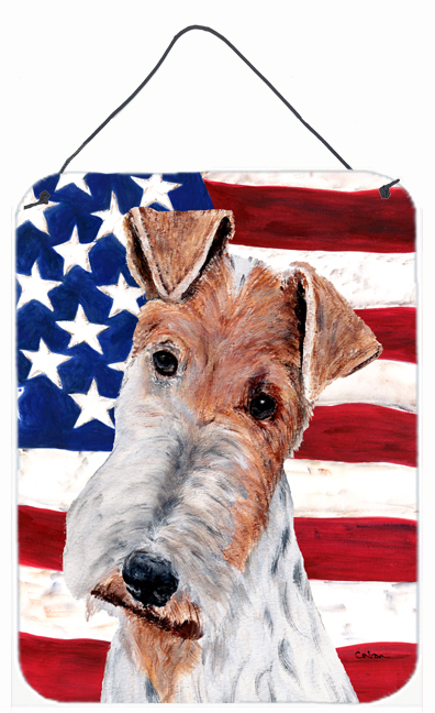 SC9628DS1216 Wire Fox Terrier With American Flag USA Aluminum Metal Wall Or Door Hanging Prints