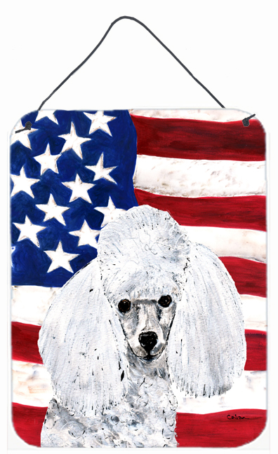 SC9629DS1216 White Toy Poodle With American Flag USA Aluminum Metal Wall Or Door Hanging Prints
