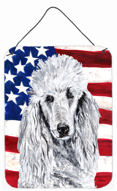 SC9631DS1216 White Standard Poodle With American Flag USA Aluminum Metal Wall Or Door Hanging Prints