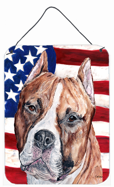 SC9632DS1216 Staffordshire Bull Terrier Staffie With American Flag USA Aluminum Metal Wall Or Door Hanging Prints