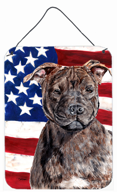 Staffordshire Bull Terrier Staffie With American Flag USA Aluminum Metal Wall Or Door Hanging Prints
