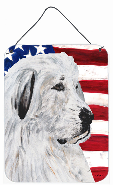 SC9642DS1216 Great Pyrenees With American Flag USA Aluminum Metal Wall Or Door Hanging Prints