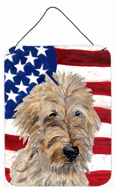 SC9643DS1216 Golden Doodle 2 With American Flag USA Aluminum Metal Wall Or Door Hanging Prints