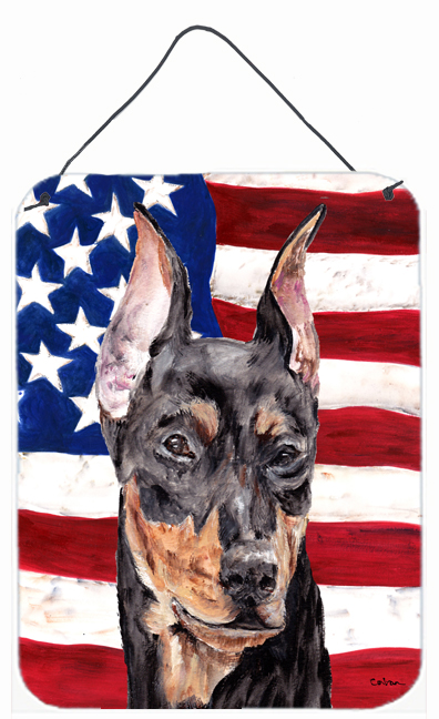 SC9644DS1216 German Pinscher With American Flag USA Aluminum Metal Wall Or Door Hanging Prints