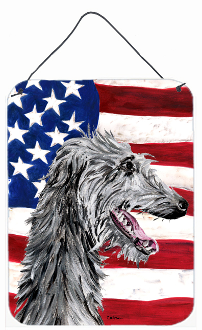 SC9645DS1216 Scottish Deerhound With American Flag USA Aluminum Metal Wall Or Door Hanging Prints