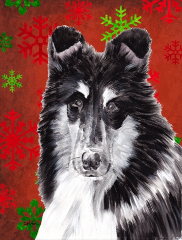 Picture of Carolines Treasures SC9750CHF Black And White Collie Red Snowflakes Holiday Flag Canvas House Size