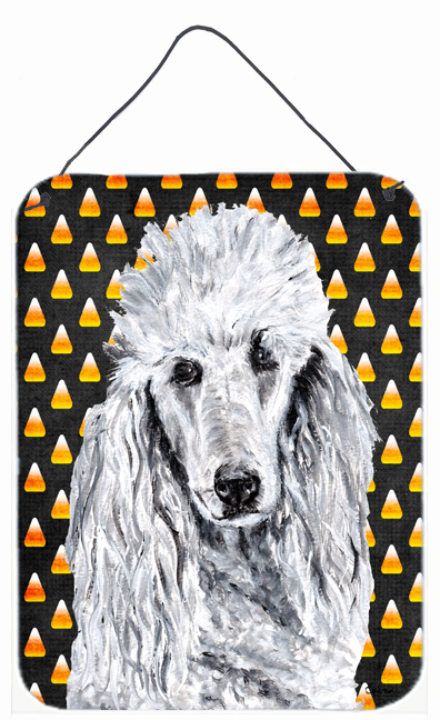 SC9655DS1216 White Standard Poodle Candy Corn Halloween Aluminum Metal Wall Or Door Hanging Prints