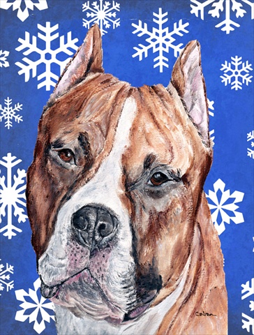 Picture of Carolines Treasures SC9776CHF Staffordshire Bull Terrier Staffie Winter Snowflakes Flag Canvas House Size