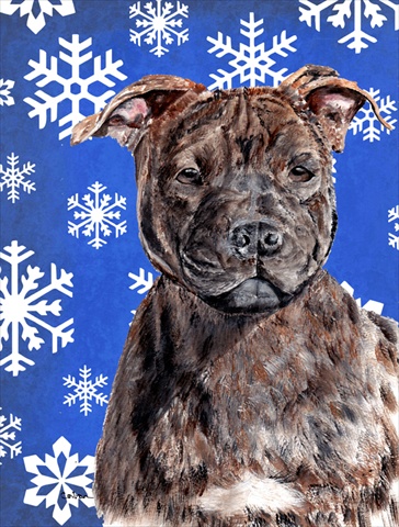 Picture of Carolines Treasures SC9777CHF Staffordshire Bull Terrier Staffie Winter Snowflakes Flag Canvas House Size