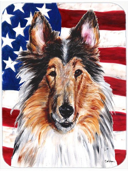 Collie With American Flag USA Glass Cutting Board - Large