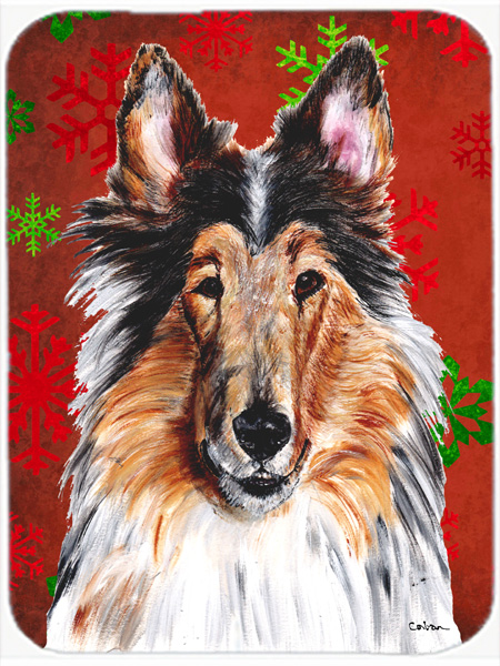 Collie Large Size Red Snowflakes Holiday Glass Cutting Board