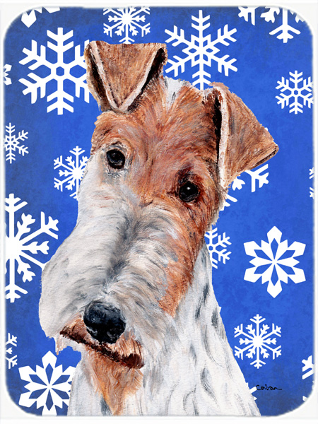 Wire Fox Terrier Large Size Winter Snowflakes Glass Cutting Board - Large