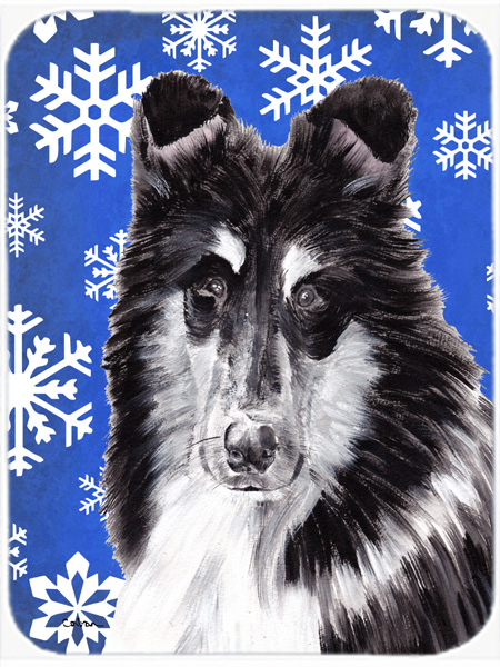 Black And White Collie Large Size Winter Snowflakes Glass Cutting Board