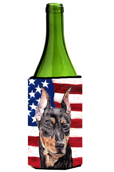 German Pinscher With American Flag Usa Wine bottle sleeve Hugger  24 Oz.