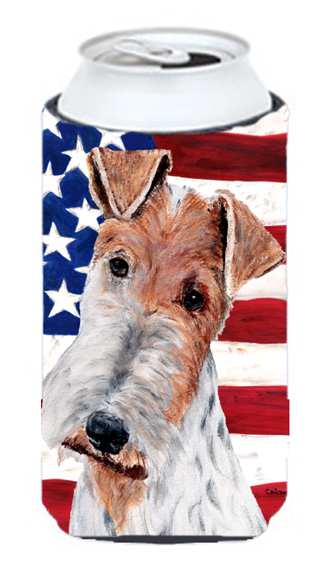 Wire Fox Terrier With American Flag Usa Tall Boy bottle sleeve Hugger  22 To 24 Oz.