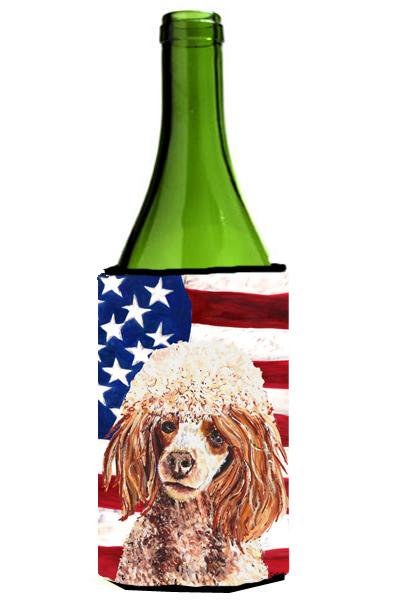 Red Miniature Poodle With American Flag Usa Wine bottle sleeve Hugger 24 Oz.