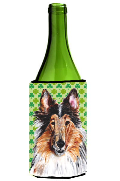 Collie Lucky Shamrock St. Patricks Day Wine bottle sleeve Hugger  24 Oz.