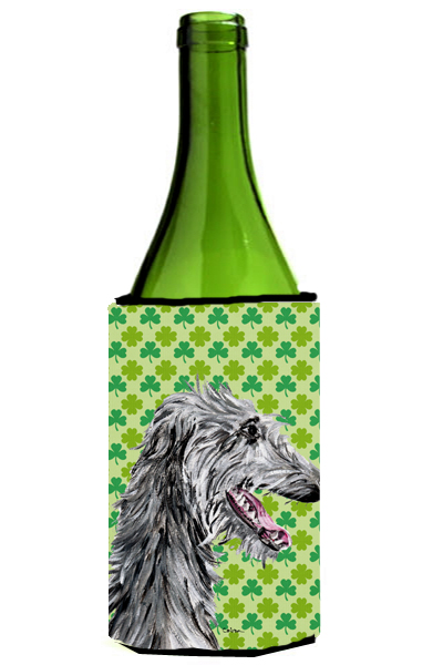 SC9741LITERK Scottish Deerhound Lucky Shamrock St. Patricks Day Wine bottle sleeve Hugger  24 Oz.