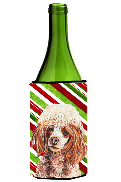Red Miniature Poodle Candy Cane Christmas Wine bottle sleeve Hugger 24 Oz.