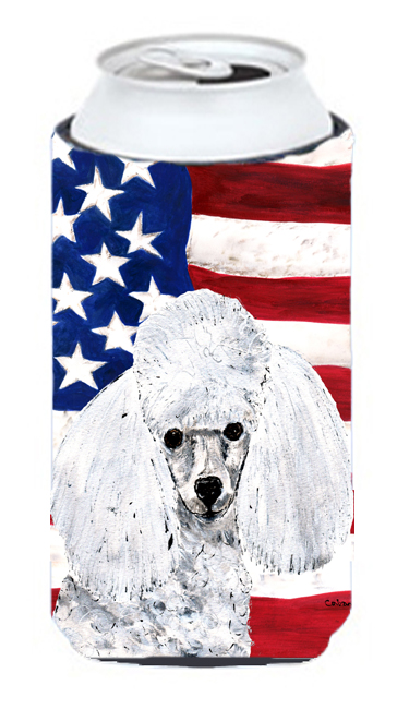 White Toy Poodle With American Flag Usa Tall Boy bottle sleeve Hugger 22 To 24 Oz.