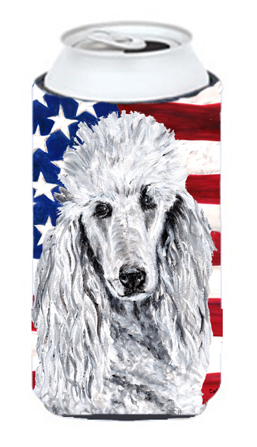 White Standard Poodle With American Flag Usa Tall Boy bottle sleeve Hugger 22 To 24 Oz.