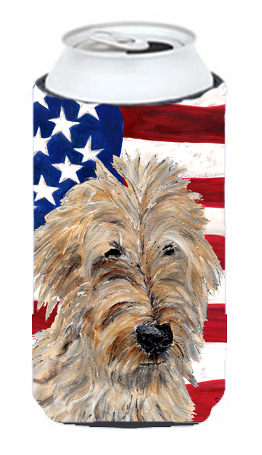 Golden Doodle 2 With American Flag Usa Tall Boy bottle sleeve Hugger 22 To 24 Oz.