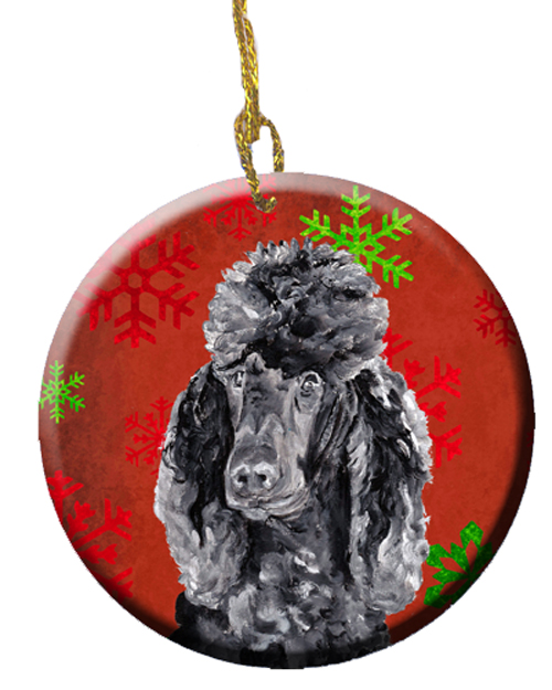 Black Standard Poodle Red Snowflakes Holiday Ceramic Ornament