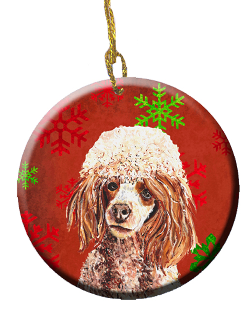 Red Miniature Poodle Red Snowflakes Holiday Ceramic Ornament