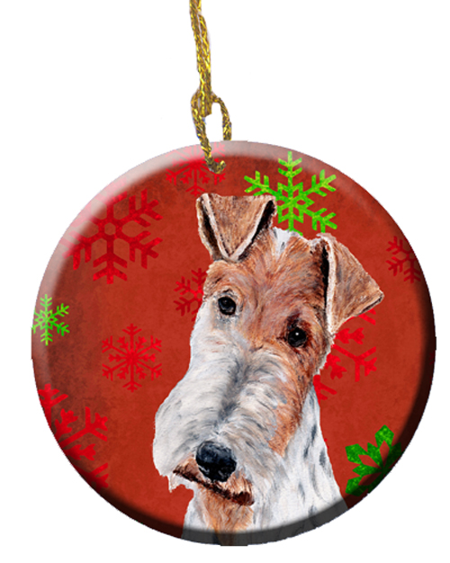 Wire Fox Terrier Red Snowflakes Holiday Ceramic Ornament