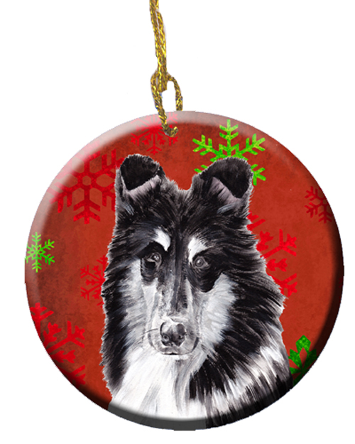 SC9750CO1 Black And White Collie Red Snowflakes Holiday Ceramic Ornament