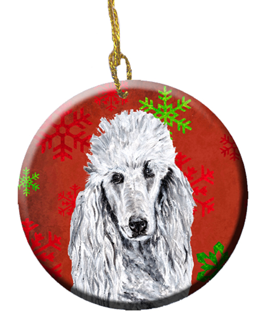 White Standard Poodle Red Snowflakes Holiday Ceramic Ornament