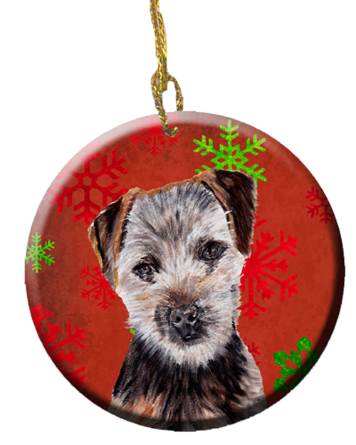 Norfolk Terrier Puppy Red Snowflakes Holiday Ceramic Ornament