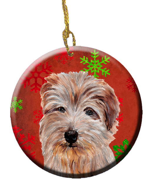 Norfolk Terrier Red Snowflakes Holiday Ceramic Ornament