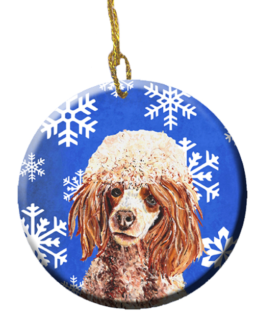 Red Miniature Poodle Winter Snowflakes Ceramic Ornament