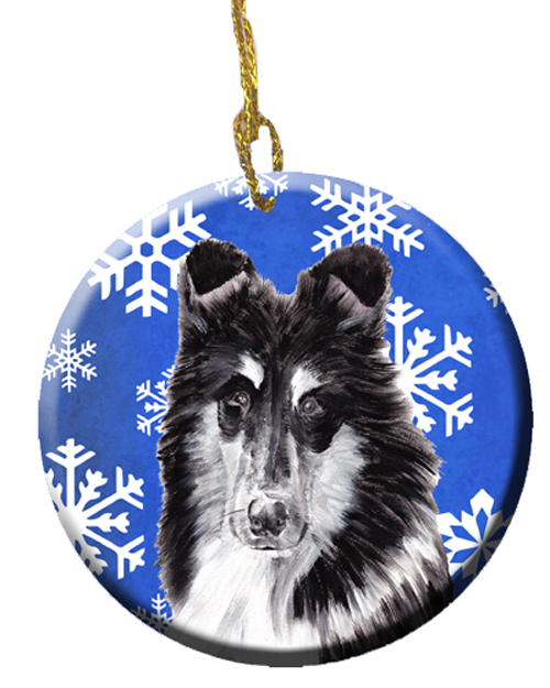 Black And White Collie Winter Snowflakes Ceramic Ornament