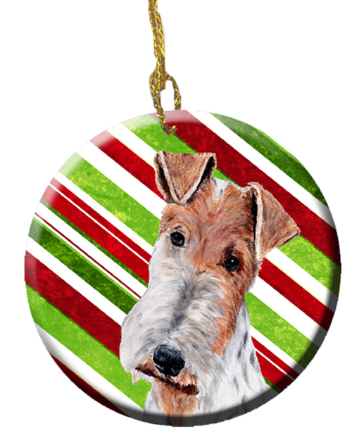 Wire Fox Terrier Candy Cane Christmas Ceramic Ornament