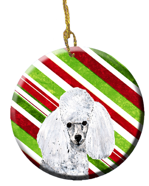 White Toy Poodle Candy Cane Christmas Ceramic Ornament