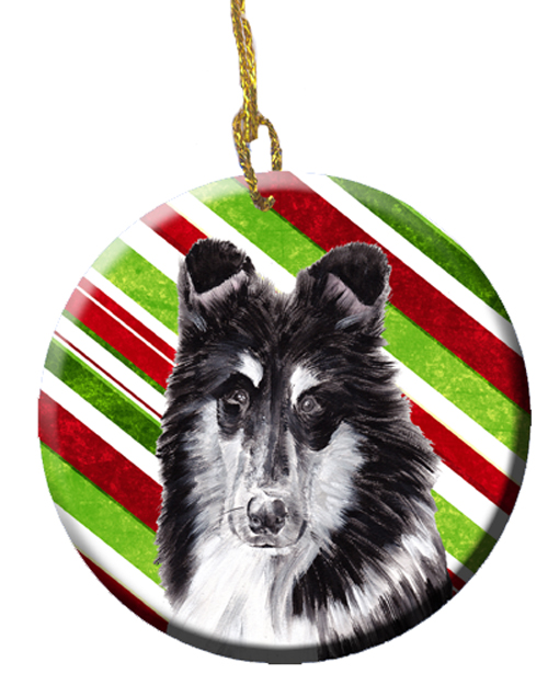 Black And White Collie Candy Cane Christmas Ceramic Ornament