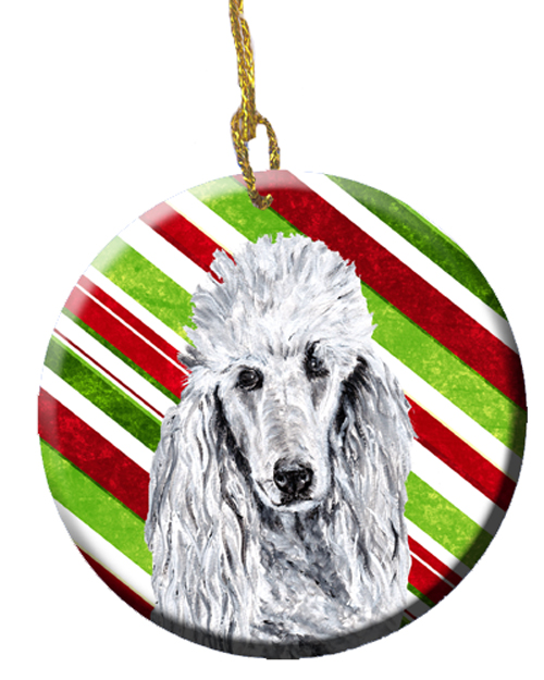 White Standard Poodle Candy Cane Christmas Ceramic Ornament