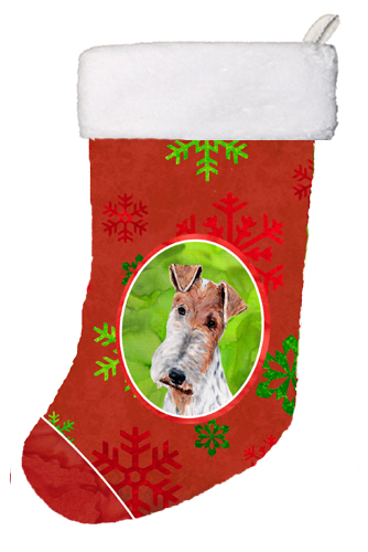 Wire Fox Terrier Red Snowflakes Holiday Christmas Stocking- - 11 x 8 In.